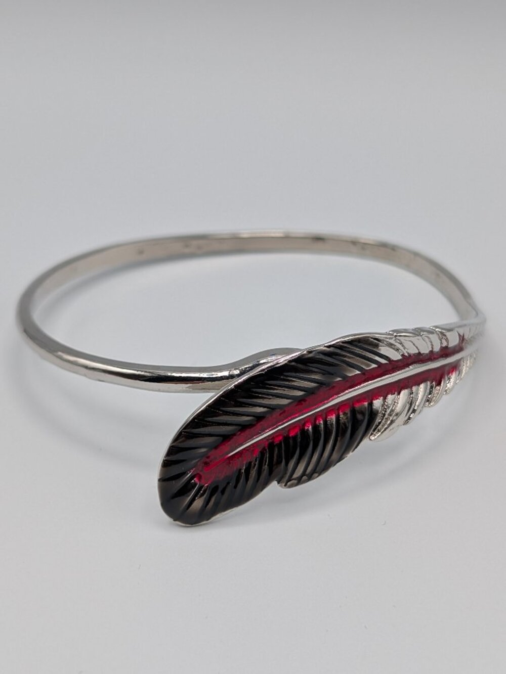 Vintage Silver Red Enamel Crane Feather Cuff Bracelet Boho Goth Bypass Bangle